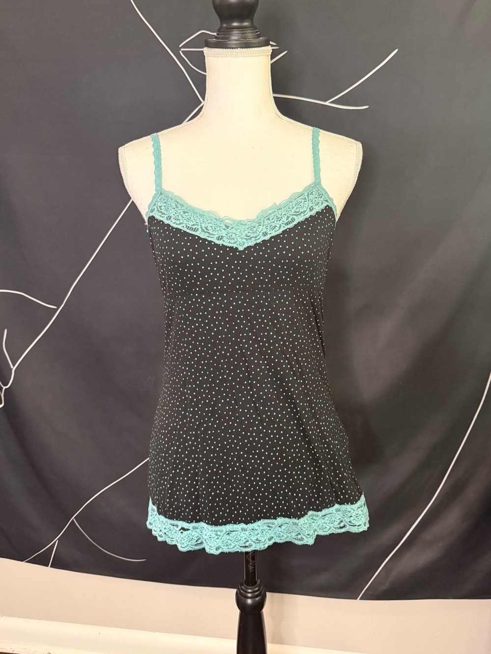 Vintage Black Polka Dot Cami with Teal Lace